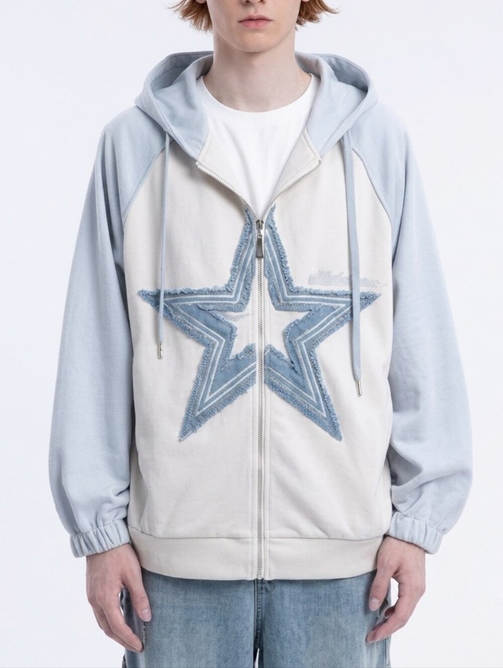 Aelfric Eden Star Patch Suede Colorblock Full Zip Hoodie Jacket Blue Cream M